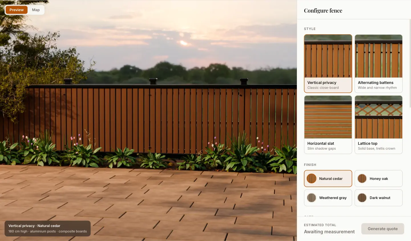 The fence configurator: a rendered garden fence beside a panel of style and finish options.