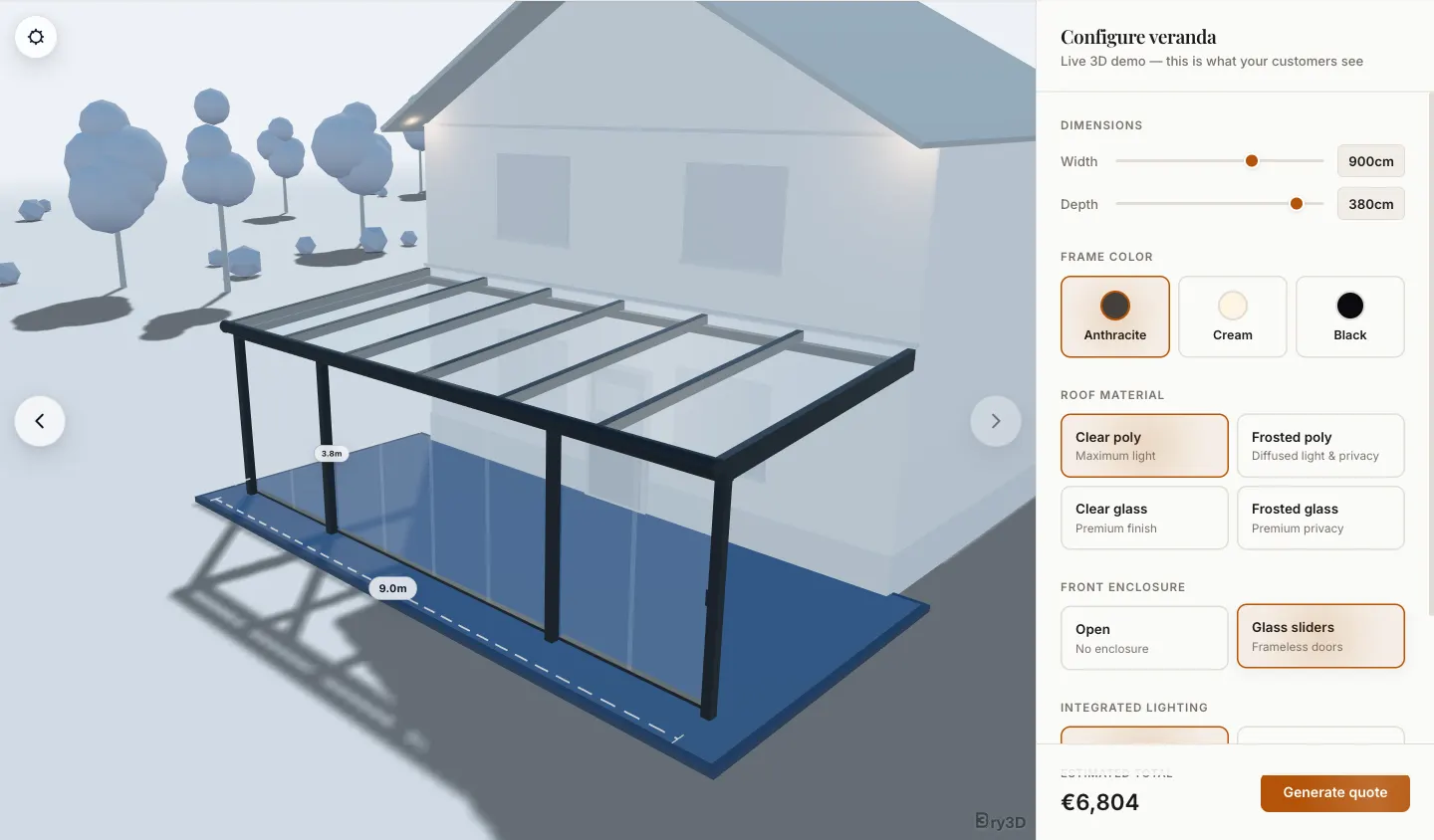 The veranda configurator: a 3D veranda with glass sliders beside a panel of size, colour, roof and lighting options.
