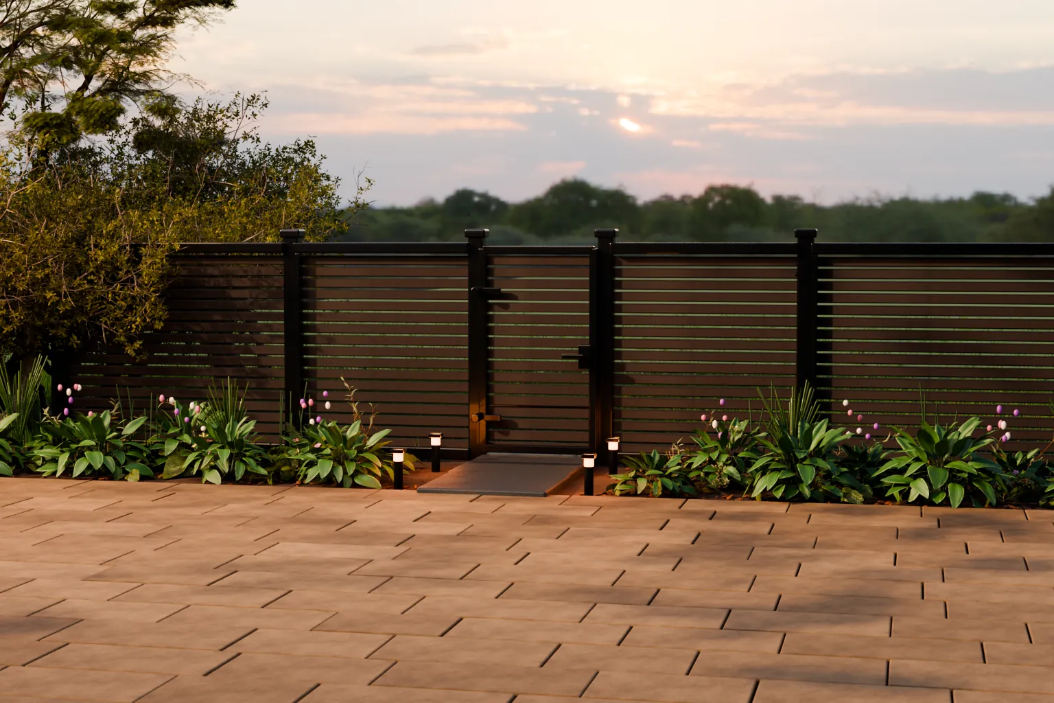 Horizontal slat fence in dark walnut with a gate