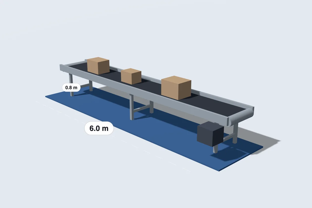 Illustration: a conveyor built to order, 6 m long and 0.8 m wide