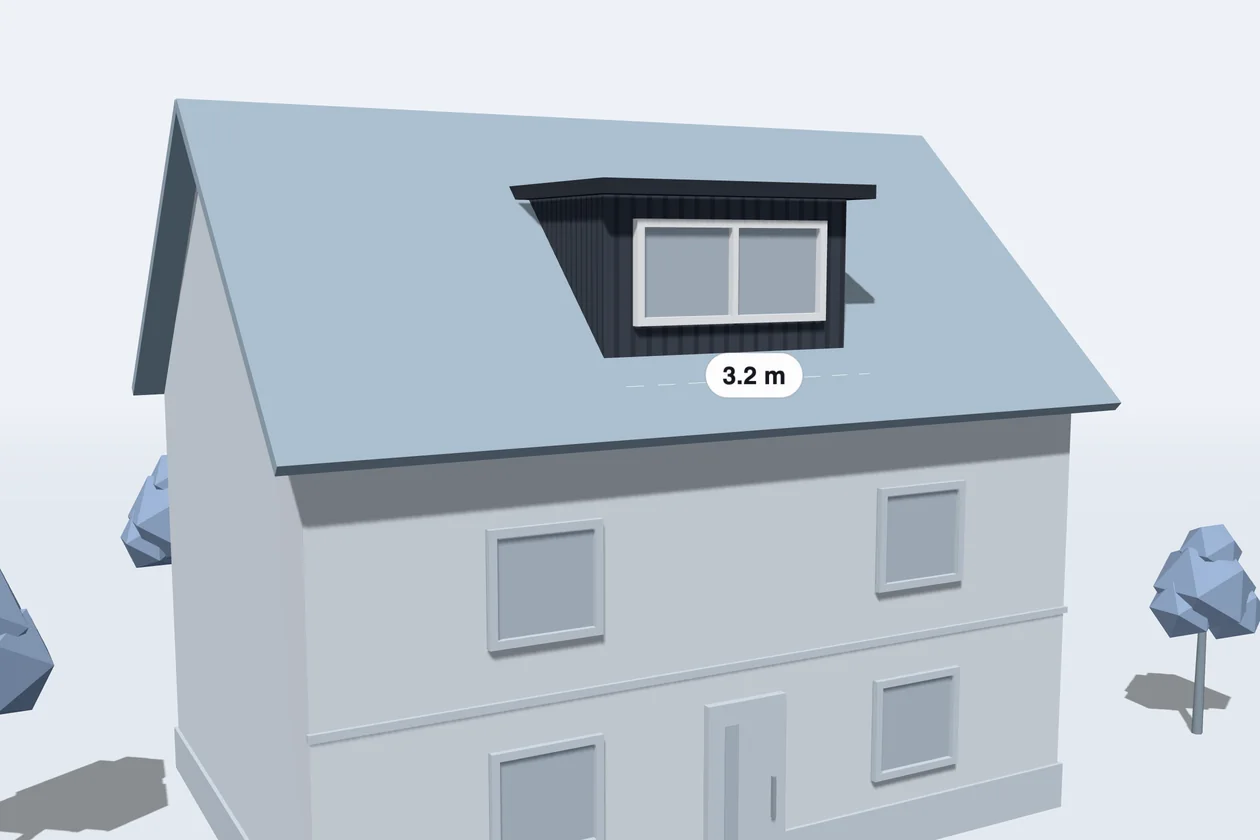 Illustration: a 3.2 m dormer with dark cladding on a pitched roof