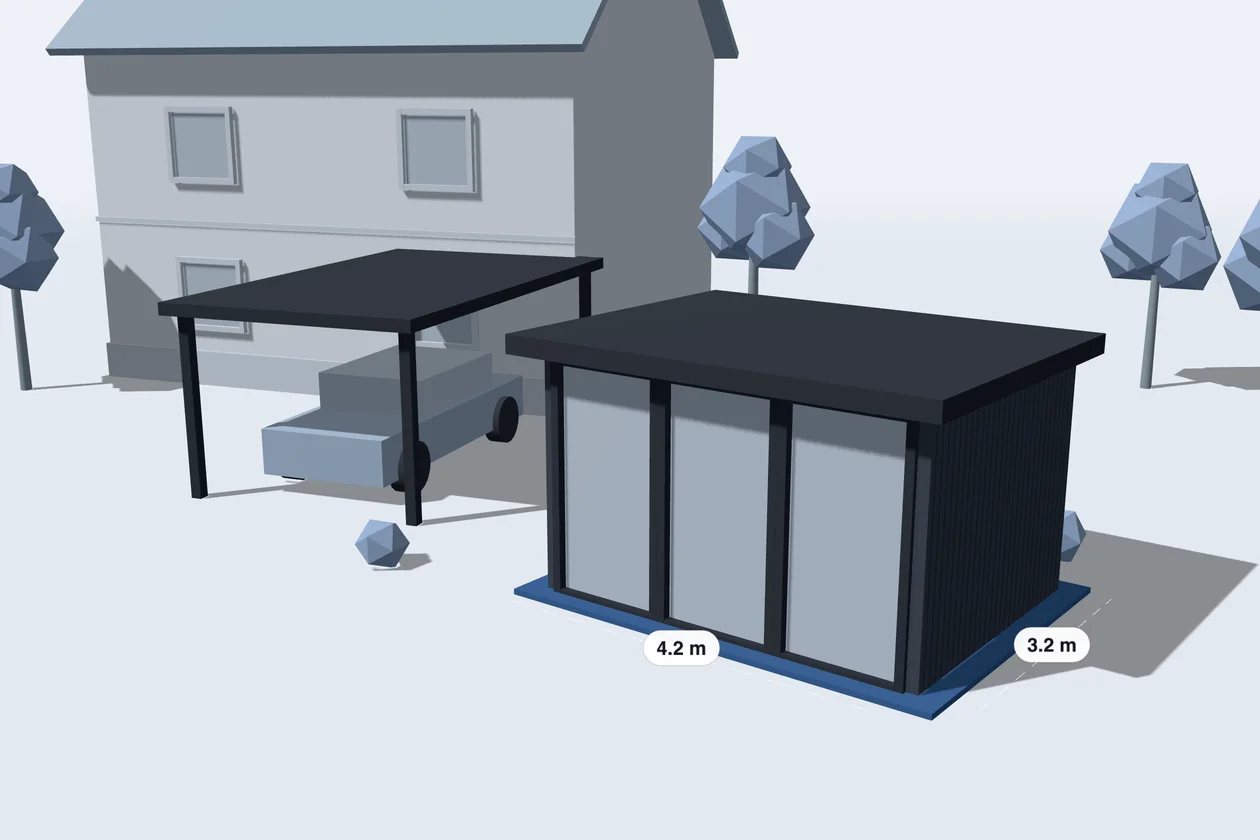 Illustration: a carport beside the house and a 4.2 m by 3.2 m garden room with a glass front
