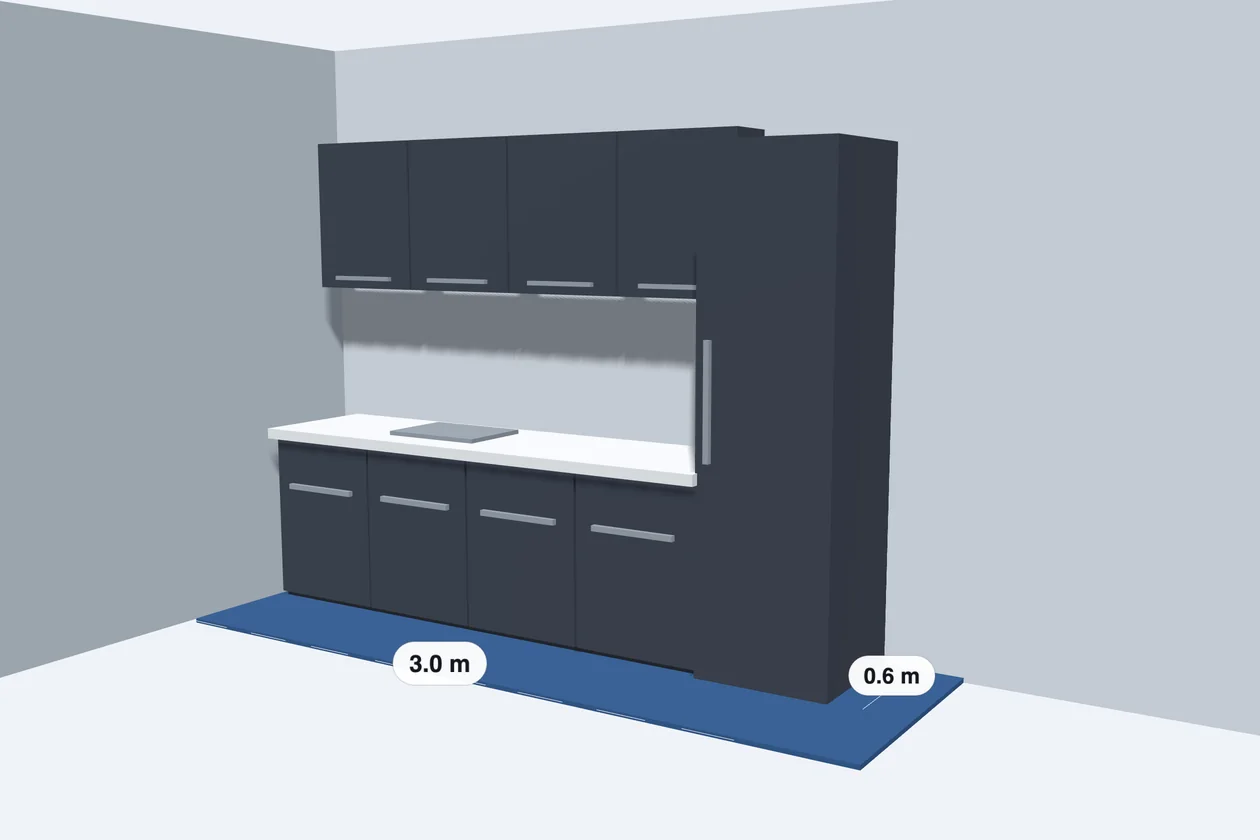 Illustration: a 3 m made-to-measure kitchen with anthracite fronts, 0.6 m deep