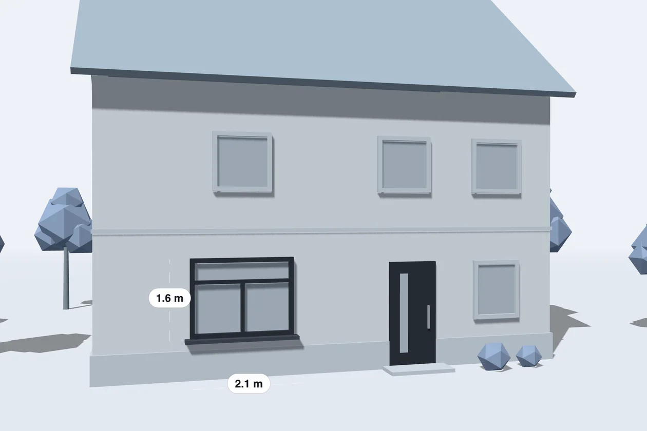 Illustration: a house front with an anthracite window, 2.1 m by 1.6 m, and a front door