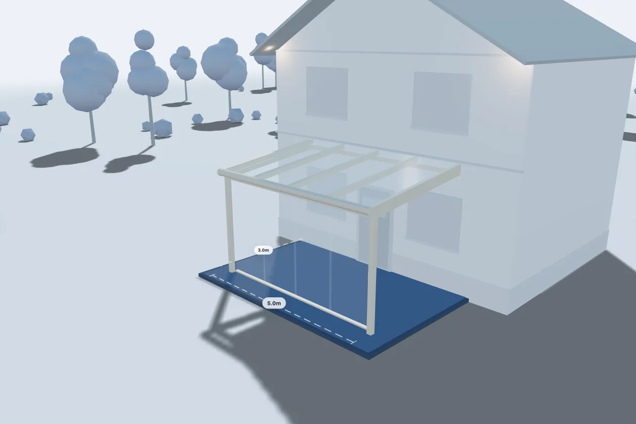 Cream frame, clear glass roof, glass sliding walls: veranda, 5 m × 3 m